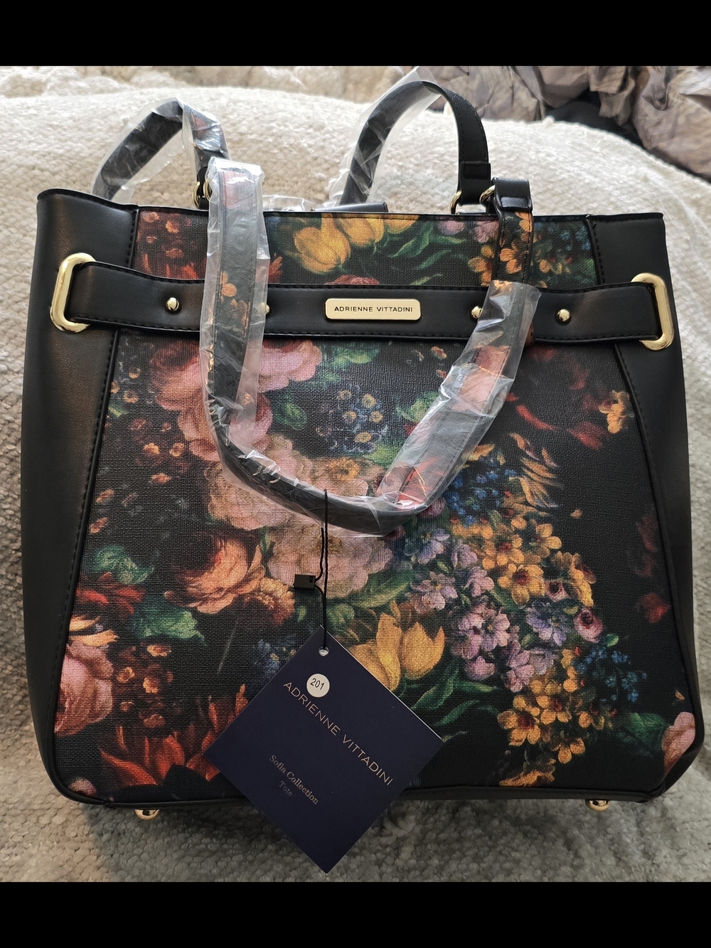 Adrienne Vittadini Black Floral Tote with Gold Accents